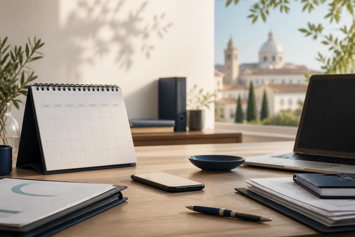 Mesa de trabajo de una persona autónoma con calendario y documentación administrativa