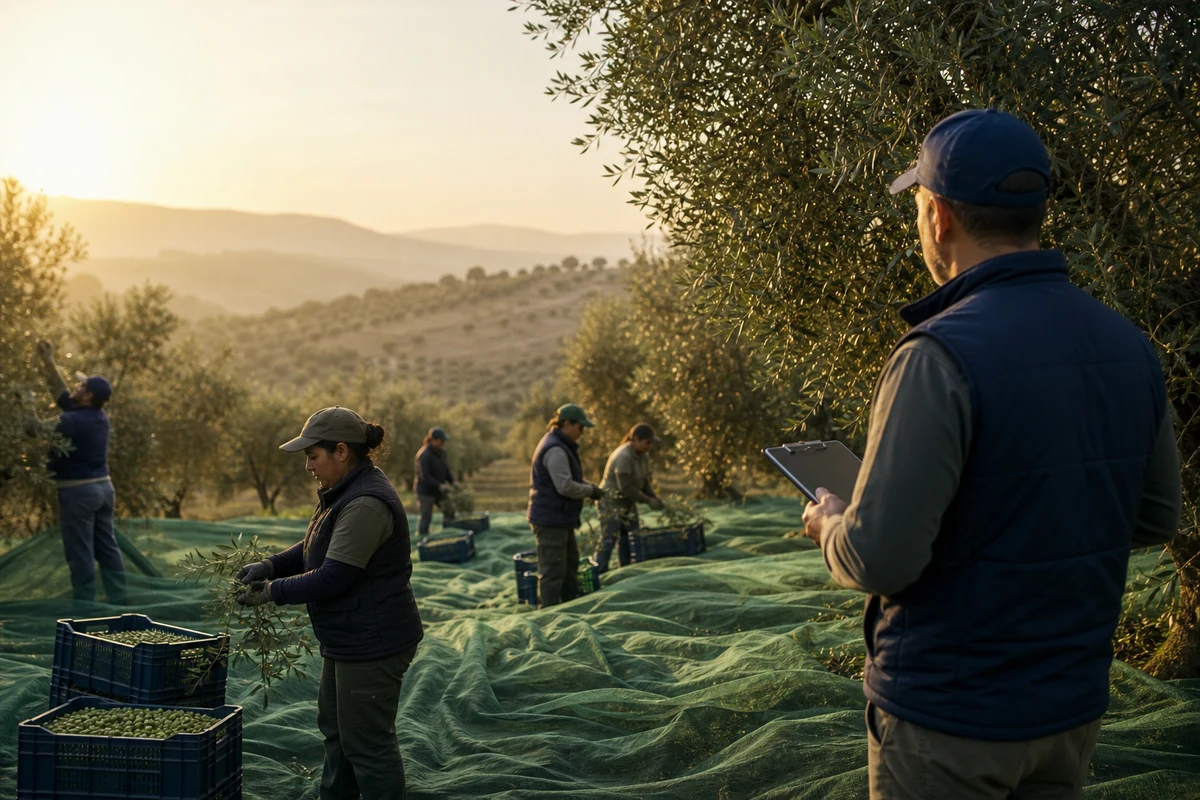 Cuadrilla organizada durante la recolección de aceituna en un olivar andaluz